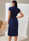 Kadın Kısa Kollu Hakim V Yakalı Pileli Janjan Krep Elbise