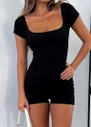 Kadın Kısa Kollu Kare Yaka Mini Bodycon Dalgıç Tulum