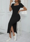 Kadın Kısa Kollu Kare Yaka Yandan Yırtmaçlı Fitilli Kaşkorse Elbise