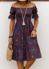 Kadın Kısa Kollu Kare Yakalı Beli Lastikli çiçek Desenli Mini Süprem Elbise