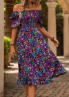 Kadın Kısa Kollu Kare Yakalı Beli Lastikli çiçek Desenli Mini Süprem Elbise