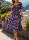 Kadın Kısa Kollu Kare Yakalı Beli Lastikli çiçek Desenli Mini Süprem Elbise