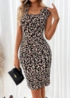 Kadın Kısa Kollu Kare Yakalı Leopar Desenli Dalgıç Elbise