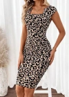 Kadın Kısa Kollu Kare Yakalı Leopar Desenli Dalgıç Elbise
