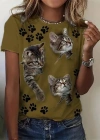 Kadın Kısa Kollu Kedi Ve Pati Baskılı Süprem Tshirt