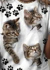 Kadın Kısa Kollu Kedi Ve Pati Baskılı Süprem Tshirt