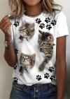Kadın Kısa Kollu Kedi Ve Pati Baskılı Süprem Tshirt