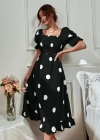 Kadın Kısa Kollu Kollar Ve Etek Ucu Volanlı üst Gipeli Puantiyeli Krep Elbise