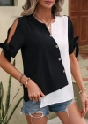 Kadın Kısa Kollu Kollardan Bağlamalı önden Asimetrik Kesim çift Renk Detaylı Düğmeli Ithal Krep Bluz