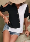 Kadın Kısa Kollu Kollardan Bağlamalı önden Asimetrik Kesim çift Renk Detaylı Düğmeli Ithal Krep Bluz