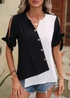Kadın Kısa Kollu Kollardan Bağlamalı önden Asimetrik Kesim çift Renk Detaylı Düğmeli Ithal Krep Bluz