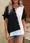 Kadın Kısa Kollu Kollardan Bağlamalı önden Asimetrik Kesim çift Renk Detaylı Düğmeli Ithal Krep Bluz