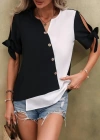 Kadın Kısa Kollu Kollardan Bağlamalı önden Asimetrik Kesim çift Renk Detaylı Düğmeli Ithal Krep Bluz