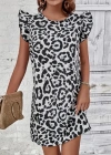 Kadın Kısa Kollu Kolları Fırfır Detay Arkası Bağlamalı Leopar Desen Kolsuz Mini Mikro Elbise