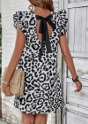 Kadın Kısa Kollu Kolları Fırfır Detay Arkası Bağlamalı Leopar Desen Kolsuz Mini Mikro Elbise