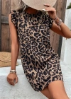 Kadın Kısa Kollu Kolları Fırfır Detay Arkası Bağlamalı Leopar Desen Kolsuz Mini Mikro Elbise
