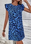 Kadın Kısa Kollu Kolları Fırfır Detay Arkası Bağlamalı Leopar Desen Kolsuz Mini Mikro Elbise