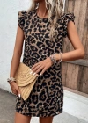 Kadın Kısa Kollu Kolları Fırfır Detay Arkası Bağlamalı Leopar Desen Kolsuz Mini Mikro Elbise