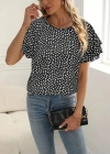 Kadın Kısa Kollu Kolları Volanlı Baskılı Süprem Bluz