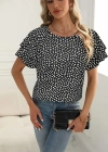 Kadın Kısa Kollu Kolları Volanlı Baskılı Süprem Bluz