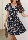 Kadın Kısa Kollu Kruvaze Yaka Beli Kuşaklı çiçek Baskılı Süprem Elbise