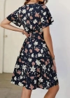 Kadın Kısa Kollu Kruvaze Yaka Beli Kuşaklı çiçek Baskılı Süprem Elbise