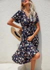 Kadın Kısa Kollu Kruvaze Yaka Beli Kuşaklı çiçek Baskılı Süprem Elbise