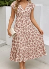 Kadın Kısa Kollu Kruvaze Yaka Beli Lastikli çiçek Desenli Elbise