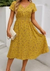 Kadın Kısa Kollu Kruvaze Yaka Beli Lastikli çiçek Desenli Elbise