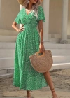 Kadın Kısa Kollu Kruvaze Yaka Beli Lastikli Yanlardan Yırtmaçlı Uzun çiçekli Elbise