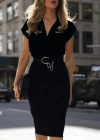Kadın Kısa Kollu Kruvaze Yaka Krep Elbise (Kemersiz)