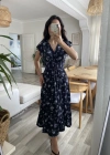 Kadın Kısa Kollu Kruvaze Yakalı Beli Lastikli çiçek Desenli Elbise