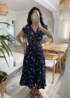 Kadın Kısa Kollu Kruvaze Yakalı Beli Lastikli çiçek Desenli Elbise