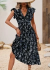 Kadın Kısa Kollu Kruvaze Yakalı Beli Lastikli çiçek Desenli Elbise