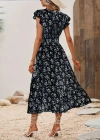 Kadın Kısa Kollu Kruvaze Yakalı Beli Lastikli çiçek Desenli Elbise