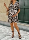 Kadın Kısa Kollu Kruvaze Yakalı Leopar Desenli Mini Süprem Elbise