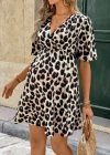 Kadın Kısa Kollu Kruvaze Yakalı Leopar Desenli Mini Süprem Elbise