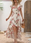 Kadın Kısa Kollu Kruvaze Yakalı önü Asimetrik Detaylı Uzun çiçek Desenli Süprem Elbise