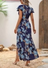 Kadın Kısa Kollu Kruvaze Yakalı önü Asimetrik Detaylı Uzun çiçek Desenli Süprem Elbise