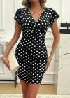 Kadın Kısa Kollu Kruvaze Yakalı örme Puantiyeli Krep Elbise