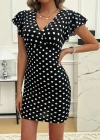 Kadın Kısa Kollu Kruvaze Yakalı örme Puantiyeli Krep Elbise