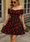 Kadın Kısa Kollu Madonna Yaka Beli Lastikli çiçek Desenli Kısa Süprem Elbise