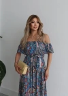 Kadın Kısa Kollu Madonna Yaka Fırfırlı Belden Yırtmaçlı Maksi Süprem Elbise