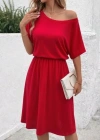 Kadın Kısa Kollu Omuzdan Açık Kiloş Midi Viskon Elbise