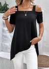 Kadın Kısa Kollu Omuzlardan Açık Askılı Asimetrik Kesim Viskon Bluz