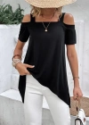Kadın Kısa Kollu Omuzlardan Açık Askılı Asimetrik Kesim Viskon Bluz