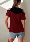Kadın Kısa Kollu Omuzlardan Açık Detaylı çift Renkli Viskon Bluz