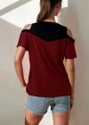 Kadın Kısa Kollu Omuzlardan Açık Detaylı çift Renkli Viskon Bluz