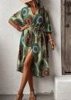 Kadın Kısa Kollu önü Açık Belden Kuşaklı Uzun Kimono