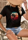 Kadın Kısa Kollu Palmiye Baskılı Viskon Tshirt